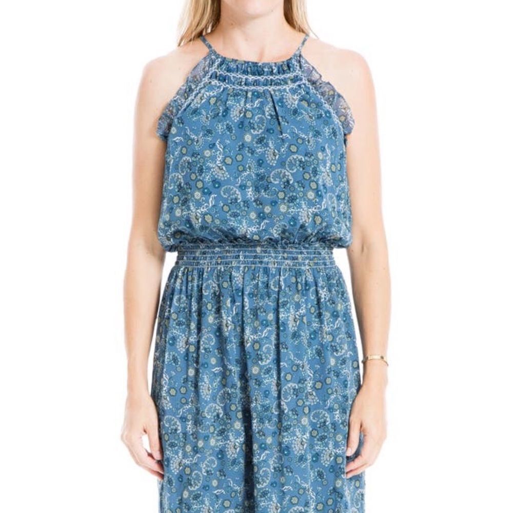 Max Studio Maxi Dress Floral Shirred Waist Ruffle Flutter Sleeves Size L Summer